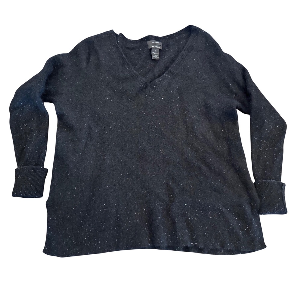 Halogen 100% Cashmere V-Neck Sweater Black Speckled Donegal Knit Small